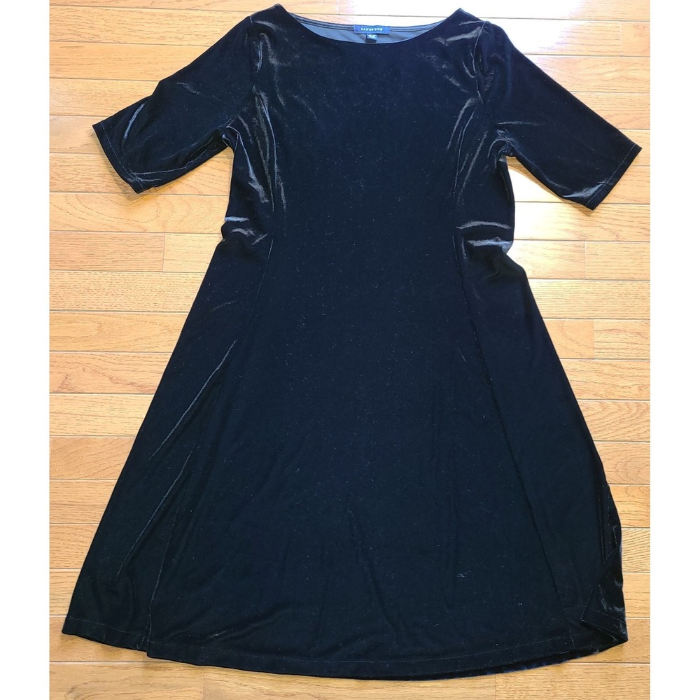 Lands End Black Velvet Boatneck Dress Size Med Petite Short‎ Sleeve Goth